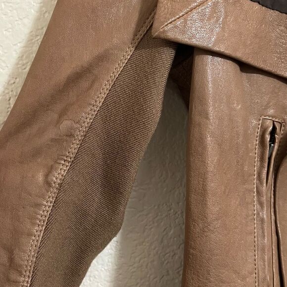 June Brown Leather Biker Moto Jacket Coat Wool Blend Knit Sleeve Size M - Picture 11 of 15